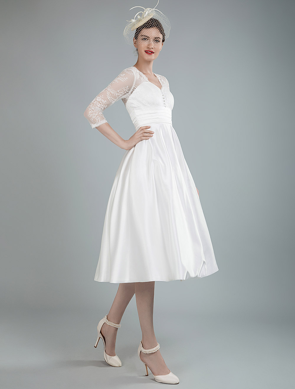 Short Wedding Dresses V Neck 3/4 Length Sleeves A Line Tea Length Traditional Bridal Dresses-newarrivaldress