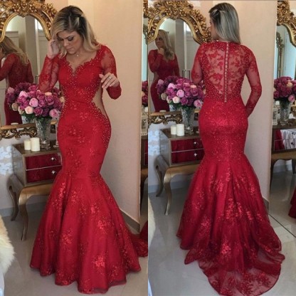 Elegant Long Sleeve Red Evening Dress Lace Beads Mermaid Party Dress-newarrivaldress