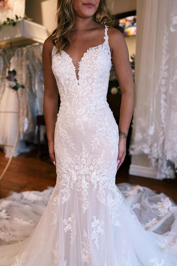 Elegant White Floral Lace Tulle Mermaid Wedding Dress Long Bridal Dress for Women-newarrivaldress