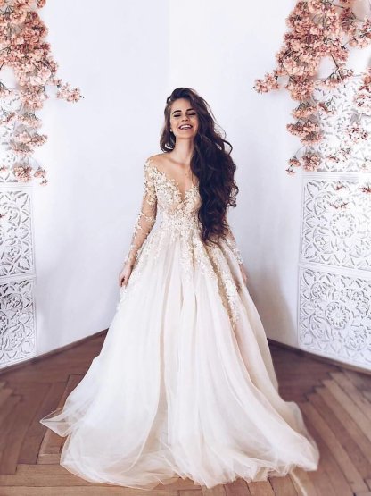 Elegant Long Sleeves Appliques Ruffles Wedding Dresses-newarrivaldress