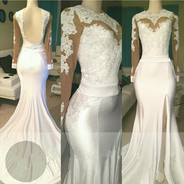 Open Back Long Sleeve White Long Prom Dresses | Mermaid Lace Formal Dresses with Sleeves-newarrivaldress