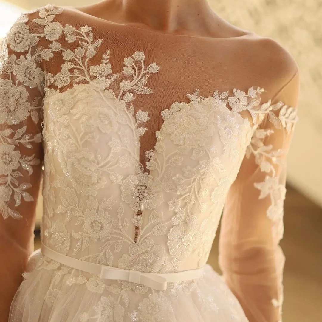 Scoop Neck White Aline Wedding Dresses with Sleeves Simple Tulle Lace Bridal Dress-newarrivaldress
