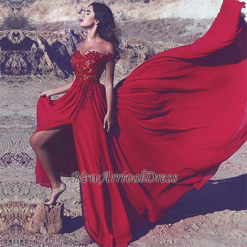 Appliques Red Split Long Lace Off-the-Shoulder Prom Dress-newarrivaldress