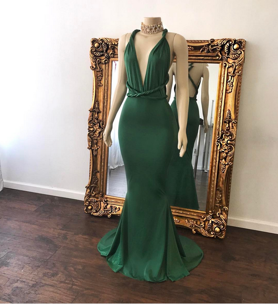 Sexy V-Neck Green Cris-cross Open Back Beautiful Mermaid Floor Length Evening Dresses-newarrivaldress