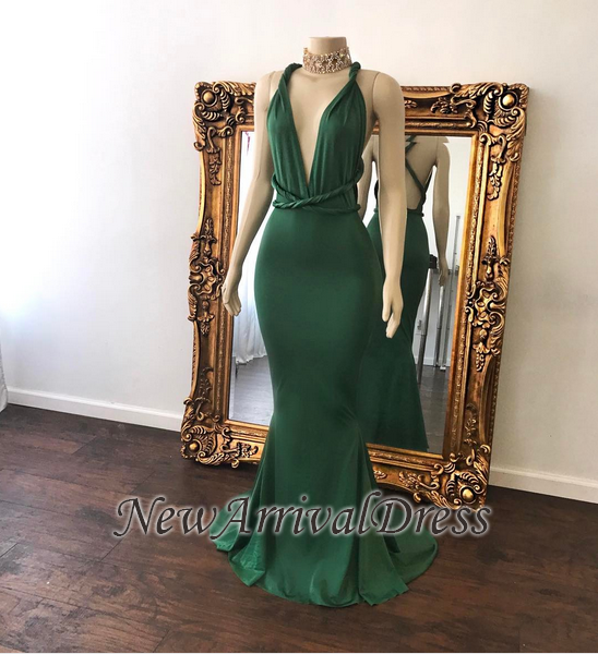 Sexy V-Neck Green Cris-cross Open Back Beautiful Mermaid Floor Length Evening Dresses-newarrivaldress