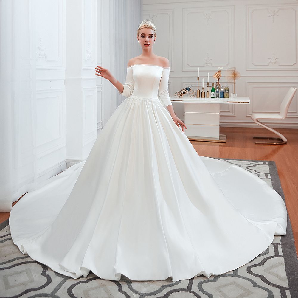 Amazing Off Shoulder Satin Wedding Dress Aline with Sleeves-newarrivaldress