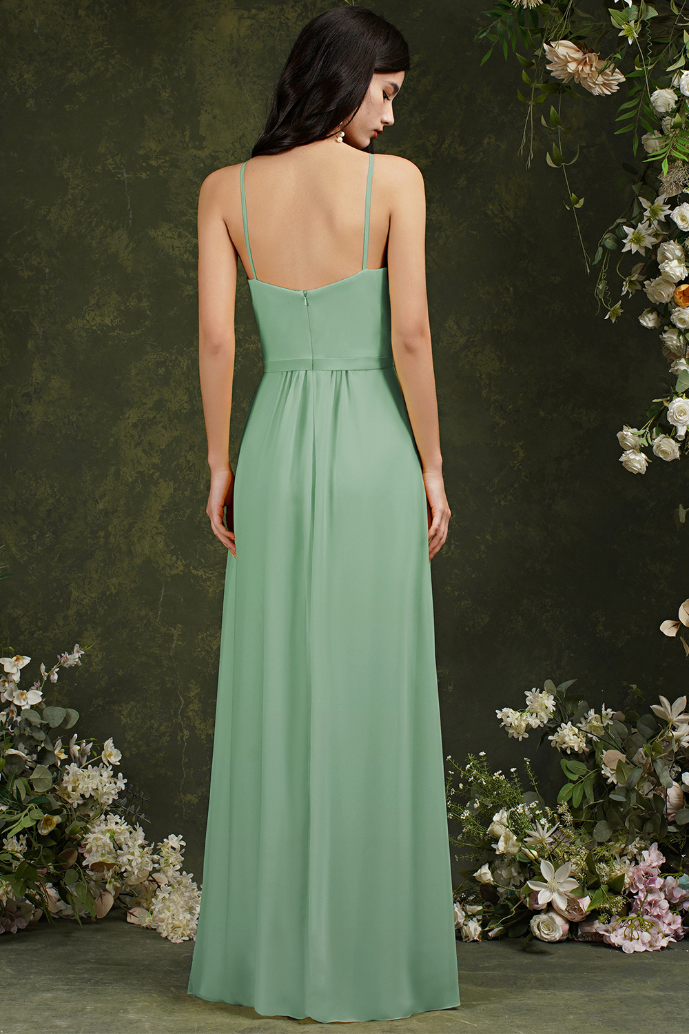 Halter Long Bridesmaid Dress Chiffon Sleeveless Side Split Wedding Party Dress-newarrivaldress