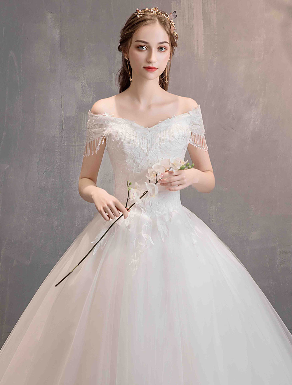 Tulle Wedding Dresses Princess Bridal Gown Off The Shoulder Lace Applique Floor Length Ball Gown Bridal Dress-newarrivaldress