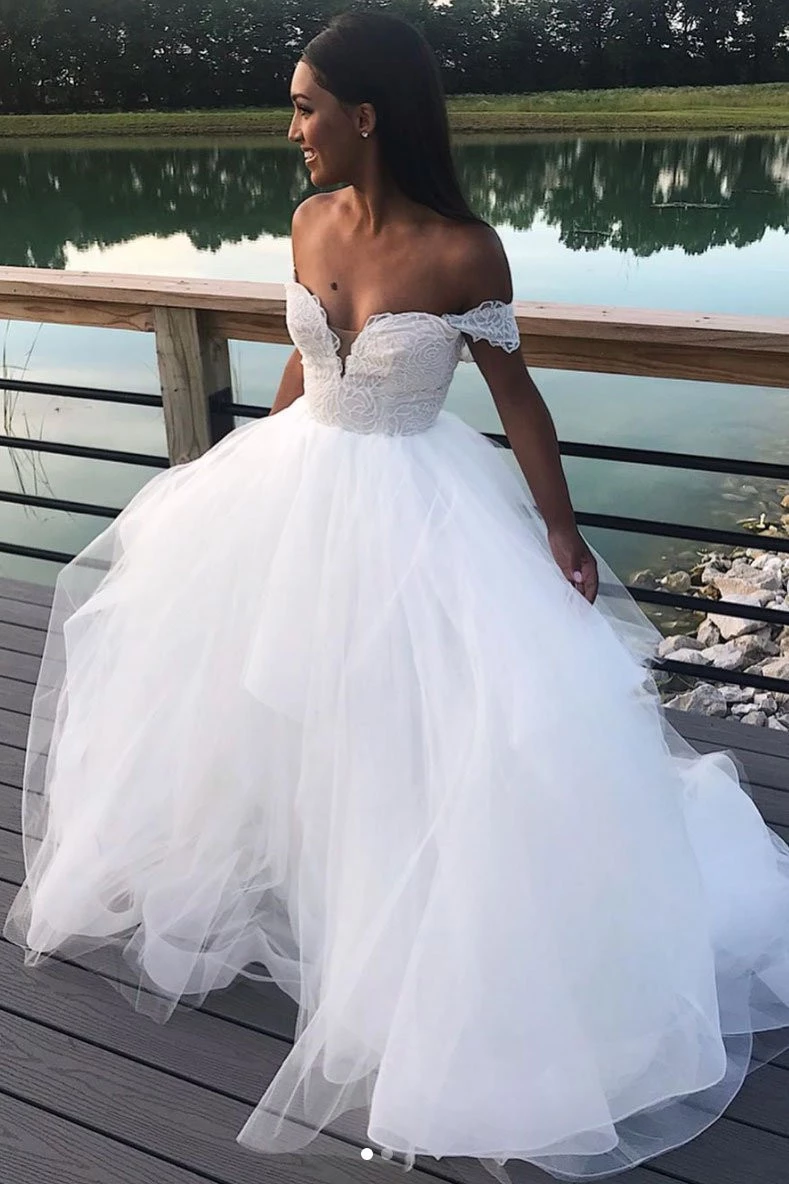 Charming Off The Shoulder A Line Wedding Dresses | White Tulle Lace V-Neck Bridal Gowns-newarrivaldress