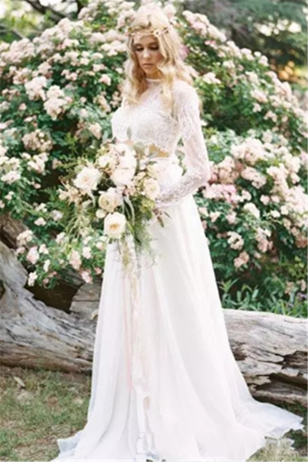 Elegant Two Piece Long Sleeves Chiffon Lace New Arrival A-line Wedding Dresses-newarrivaldress
