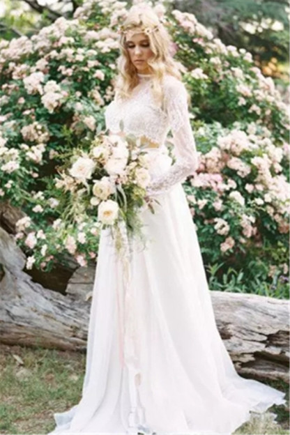 Elegant Two Piece Long Sleeves Chiffon Lace New Arrival A-line Wedding Dresses-newarrivaldress