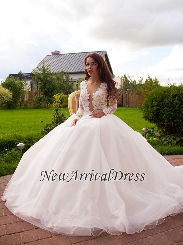 Elegant Long Sleeve Button Lace Appliques Princess Glamorous Tulle Wedding Dresses-newarrivaldress