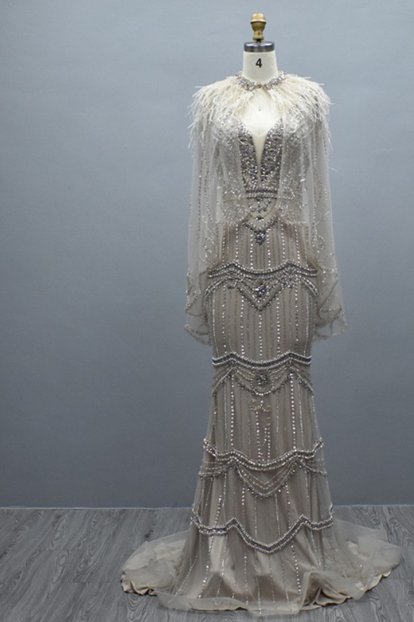 Gorgeous Deep V-Neck Sequins Beadings Long Mermaid Prom Dress with Shawl