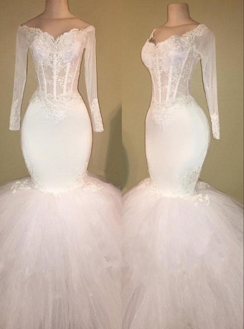 White Mermaid Long Prom Dresses | Off The Shoulder Long Sleeve Bridal Gowns-newarrivaldress