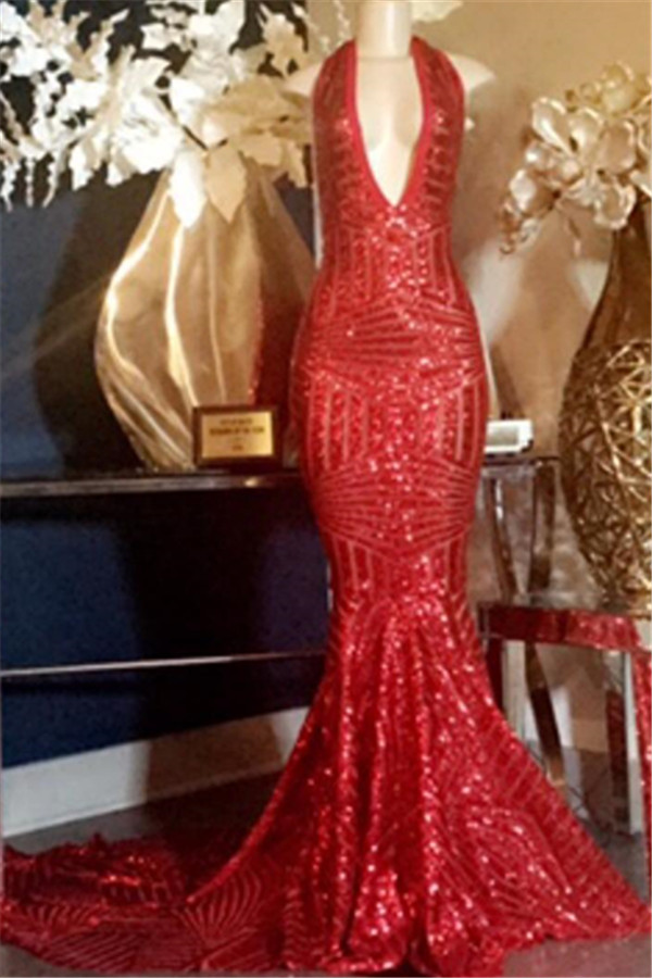 Glamorous Halter Sequins V-Neck Sleeveless Mermaid Long Prom Dresses-newarrivaldress