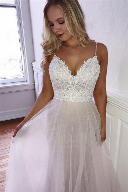 Gorgeous Spaghetti-Straps Appliques A-Line Tulle Prom Dresses-newarrivaldress