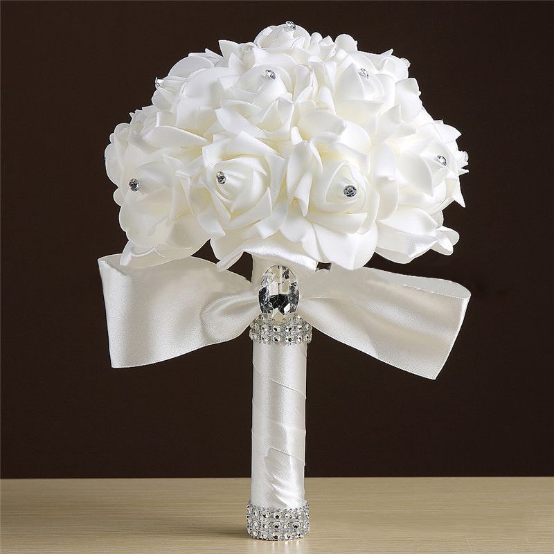 White Silk Rose Crystal Beading Bouquet in Colorful Handles | Newarrivaldress.com