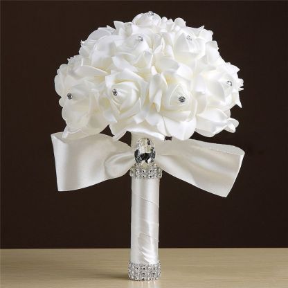 White Silk Rose Crystal Beading Bouquet in Colorful Handles-newarrivaldress