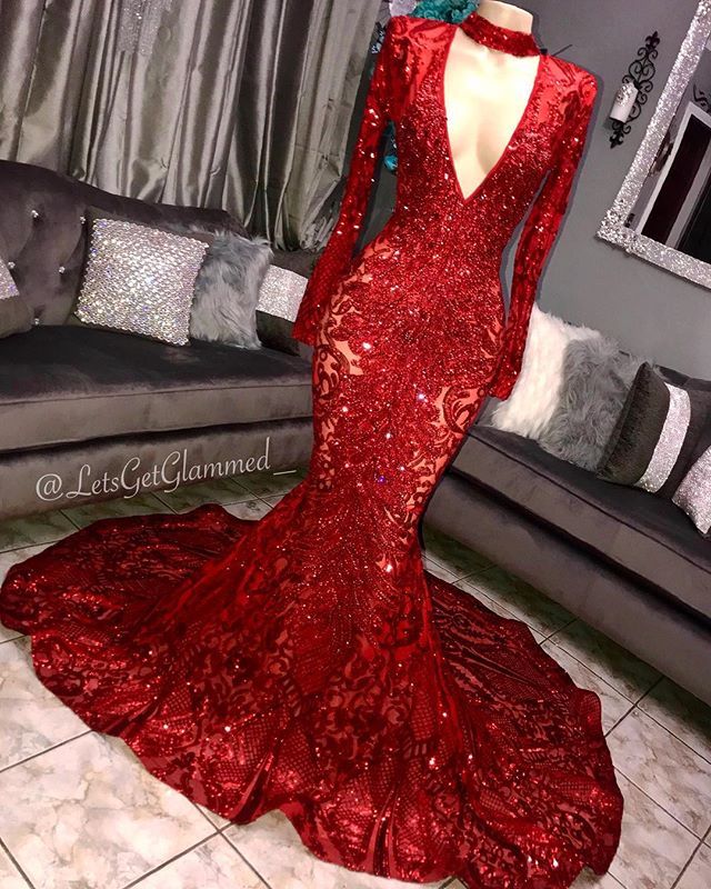Glamorous Mermaid Long Sleeve Deep V-neck Lace Appliques Long Prom Dresses-newarrivaldress