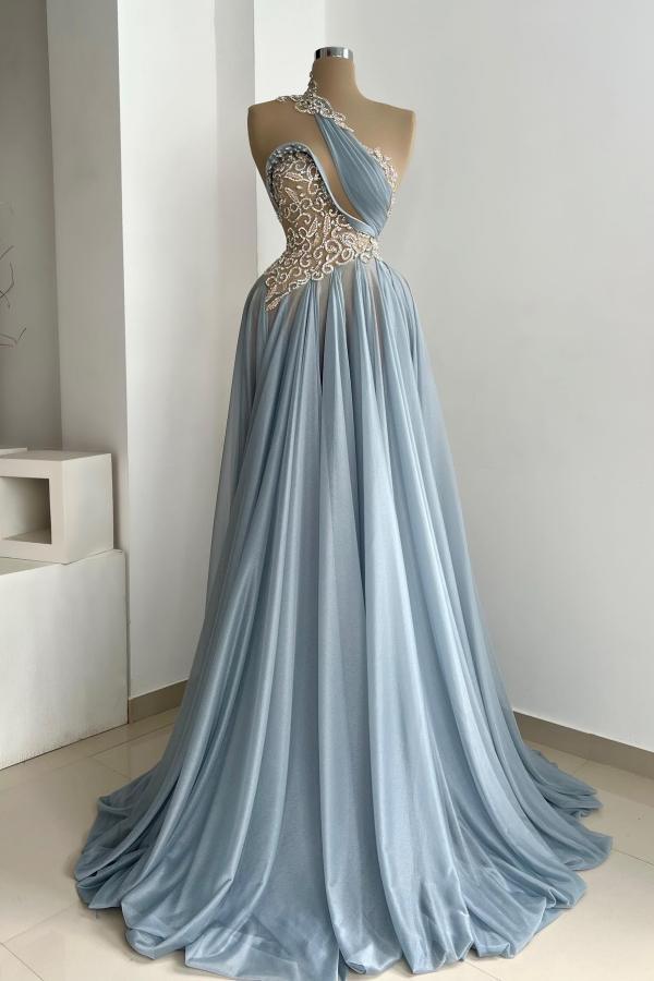 Chic One Shoulder Chiffon A-line Evening Dress Sleeveless Crystals Formal Dress-newarrivaldress