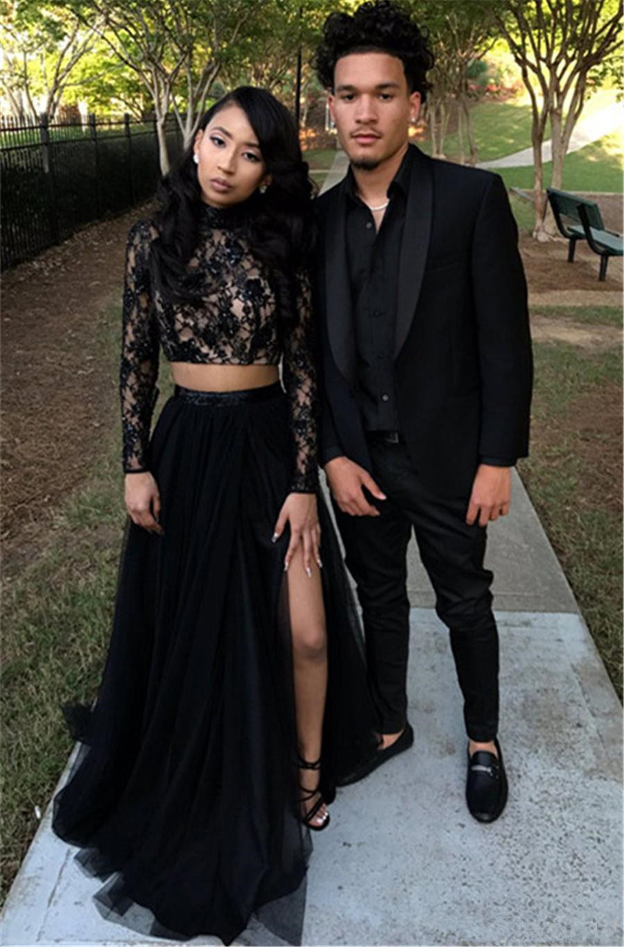 Two Piece Long Sleeve Formal Gowns | Black Long Slit Lace Prom Dress SP0349-newarrivaldress