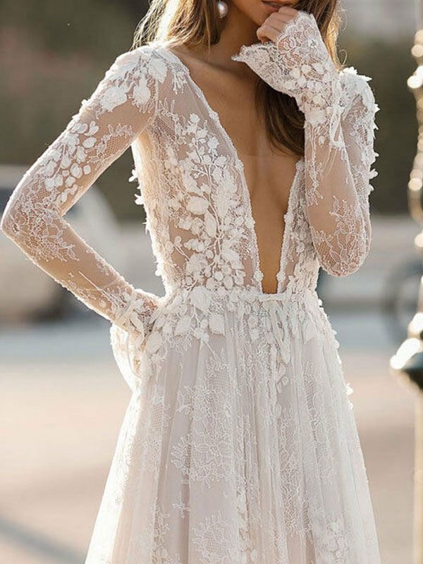 Simple Wedding Dress A Line V Neck Long Sleeves Lace Floor Length Bridal Gowns-newarrivaldress