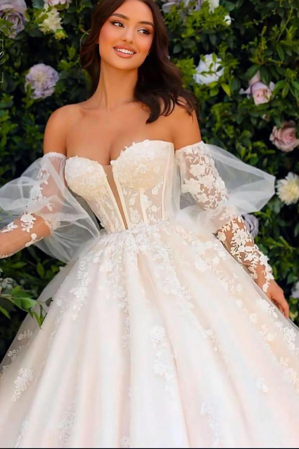 Glamorous Sweetheart White Aline Wedding Dresses with Sleeves Lace Appliques Bridal Dress-newarrivaldress