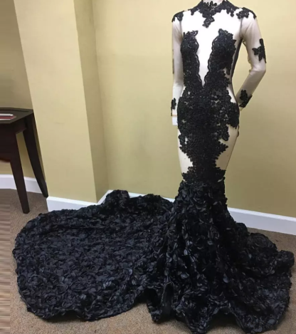 Long Sleeves Sheer Prom Dresses | Lace Appliques Black Evening Gowns-newarrivaldress