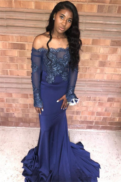 Navy Blue Appliques Long Sleeveless Prom Dresses | Sexy Off The Shoulder Mermaid Evening Gowns-newarrivaldress