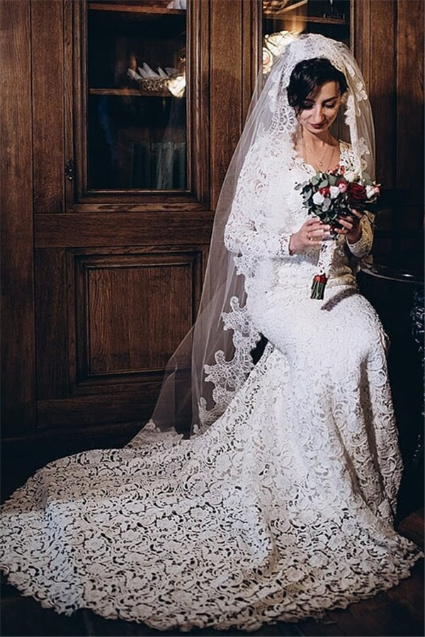 Full Lace Long Sleeve V-Neck Mermaid Wedding Dresses-newarrivaldress