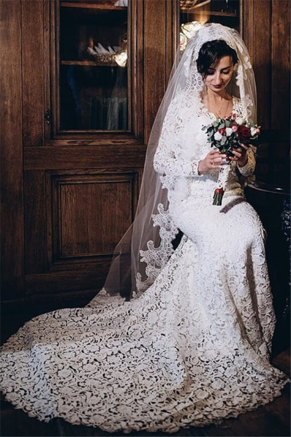 Full Lace Long Sleeve V-Neck Mermaid Wedding Dresses-newarrivaldress