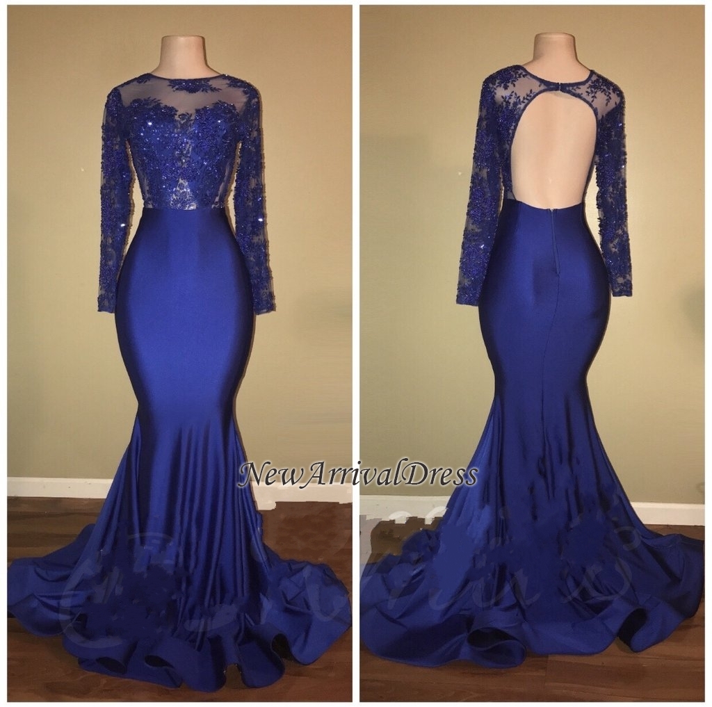 Royal Blue Beaded Long Sleeve Ruffles Skirt Mermaid Prom Dresses-newarrivaldress