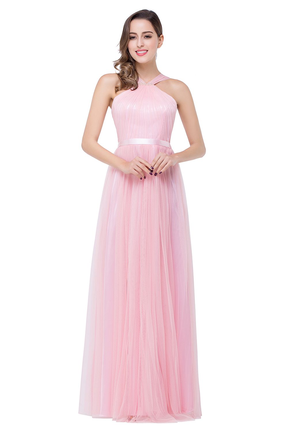 ELLIOTT | Sheath Floor-length Pink Tulle Bridesmaid Dresses with Ribbon Sash-newarrivaldress