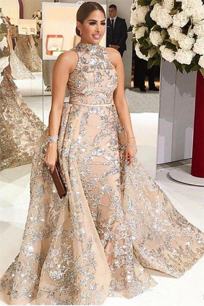 Silver Beads Appliques Overskirt Prom Dresses Long | Sleeveless Champagne Formal Dress-newarrivaldress