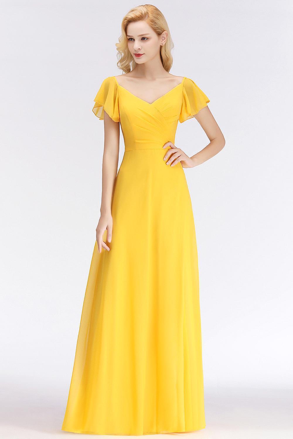 Yellow Simple Short-Sleeve Floor-length Bridesmaid Dress-newarrivaldress
