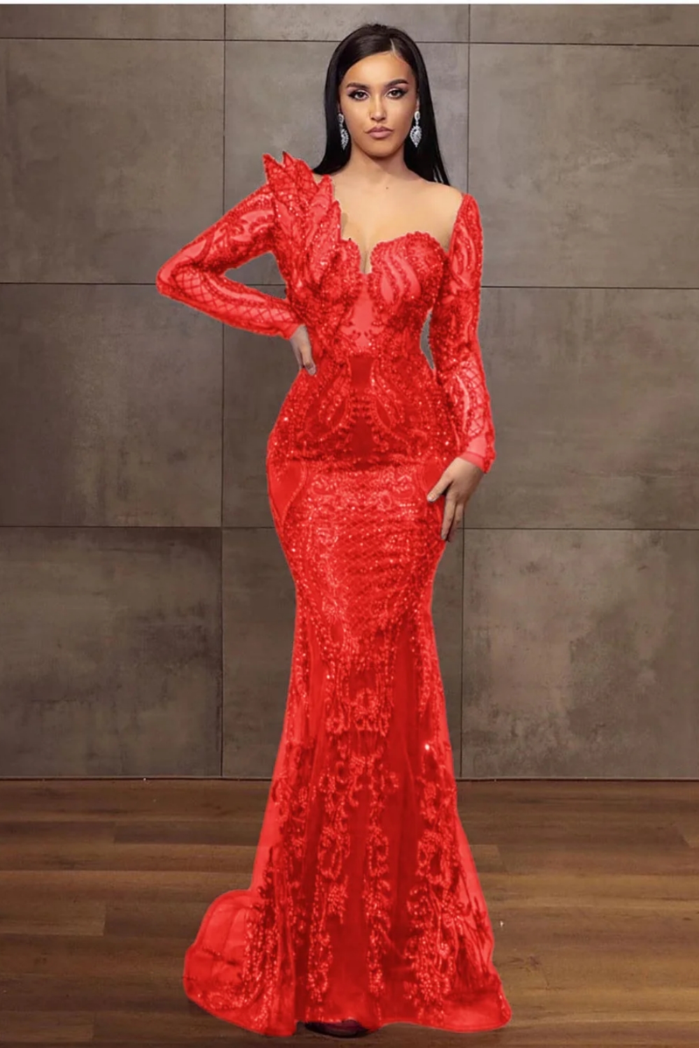 Charming Glitter Burgundy Long Sleeves Mermaid Prom Dress Beadings Evening Dress-newarrivaldress