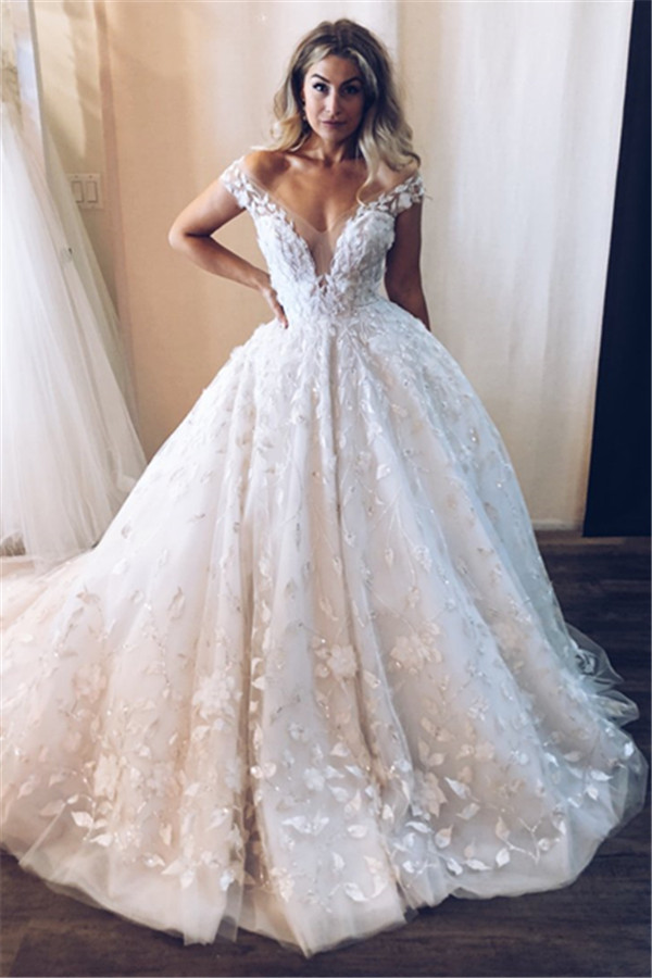 New Arrival Off The Shoulder V-Neck Lace Appliques Tulle Ball Gown Wedding Dresses-newarrivaldress