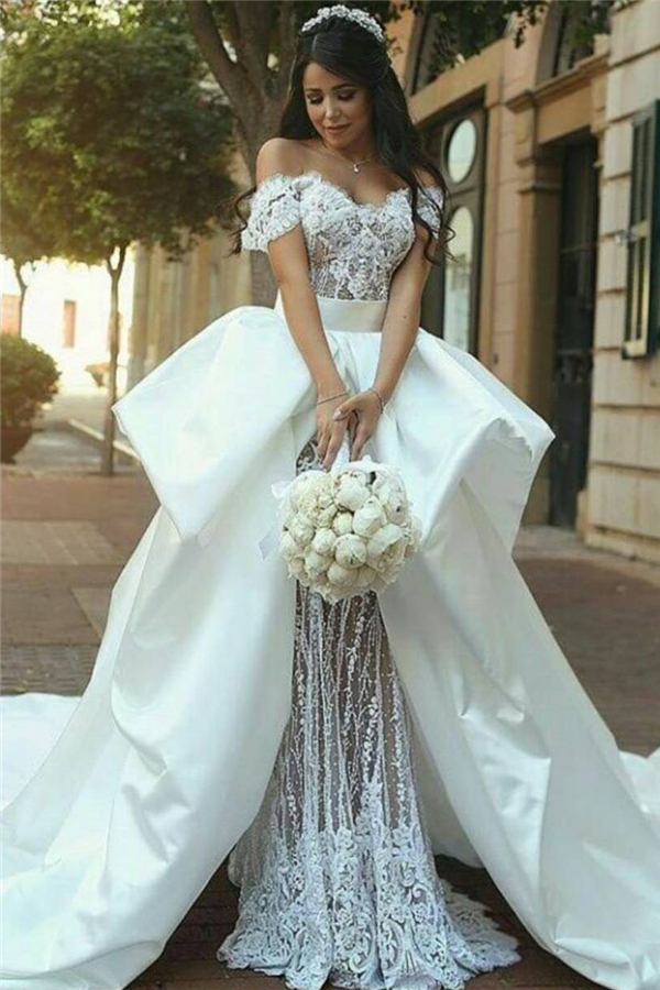 Off The Shoulder Lace Wedding Dresses | Satin Overskirt Long Train Sexy Bridal Gowns-newarrivaldress