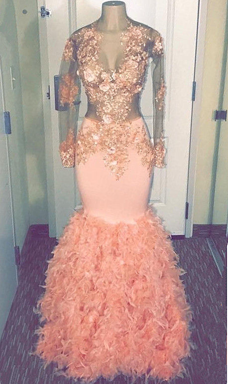 Coral Pink Mermaid Long Sleeve Long Prom Dresses | Sheer Tulle Appliques Ruffles Formal Dresses-newarrivaldress
