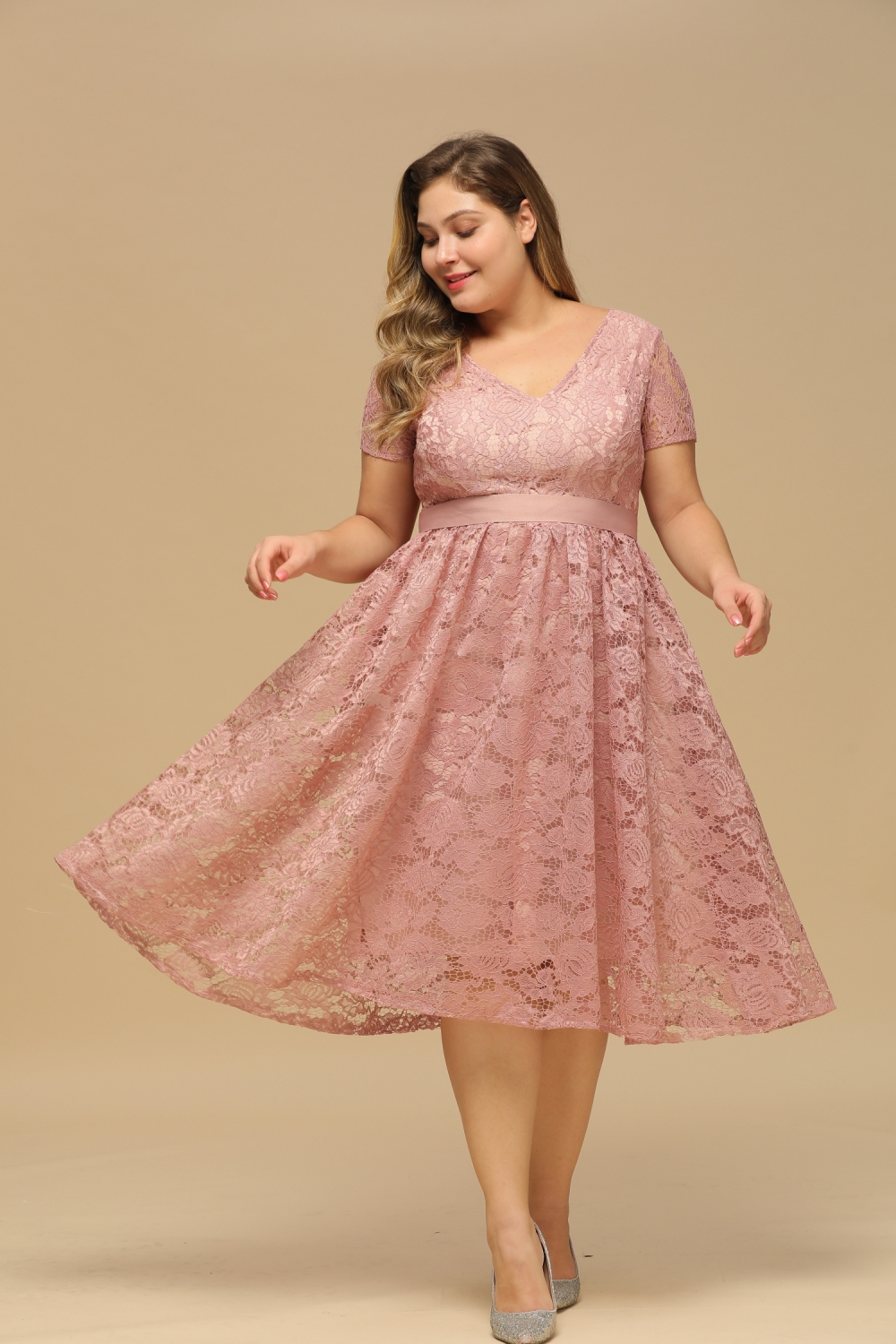 Burgundy Short Sleeves Flower Lace V-neck Dresses with Sash-newarrivaldress