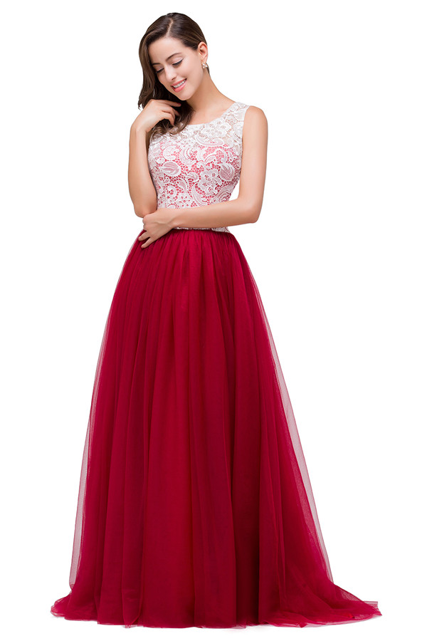 HANNA | A-line Crew Sweep-length Lace Chiffon Burgundy Bridesmaid Dresses With Button-newarrivaldress