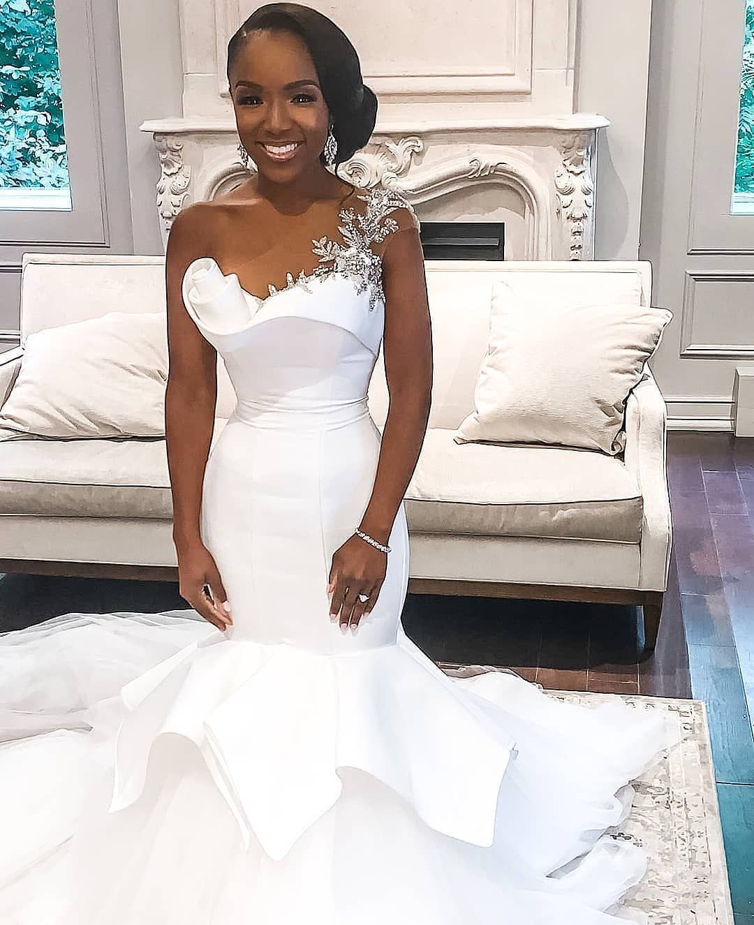 One Shoulder Sheer Tulle Wedding Dresses | Shiny Appliques Ruffles Bridal Gowns Online-newarrivaldress