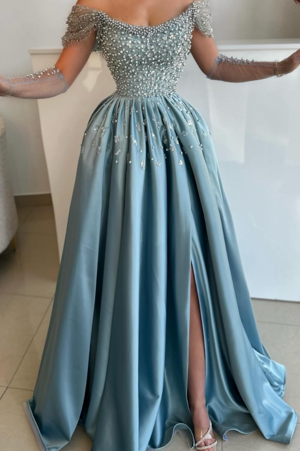 Luxury Off-the-Shoulder Satin Aline Evening Dress Glitter Crystals Front Slit Long Special Occasion Dress-newarrivaldress