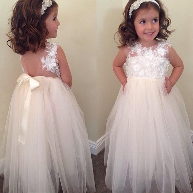Bowknot Cute A-line Floral-Appliques Floor-Length Flower-Girl-Dresses-newarrivaldress
