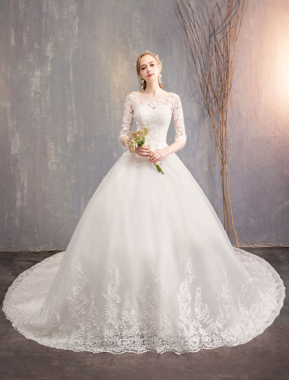 Princess Wedding Dresses Lace Illusion Neckline Half Sleeve Floor Length Bridal Gown-newarrivaldress