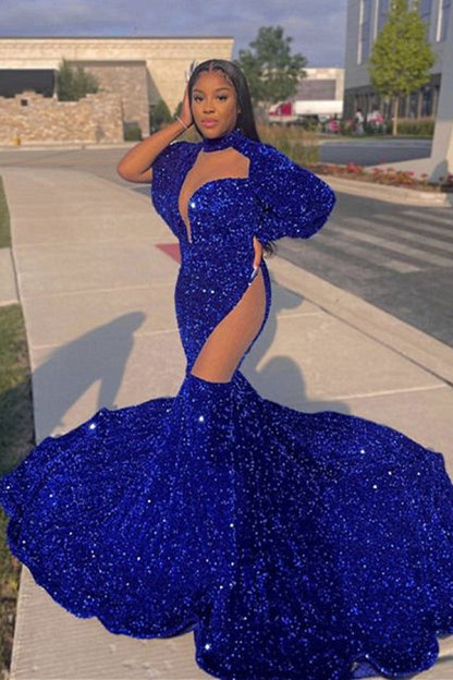 Sexy Glitter Sequins Royal Blue Mermaid Prom Dress with Long Sleeves-newarrivaldress