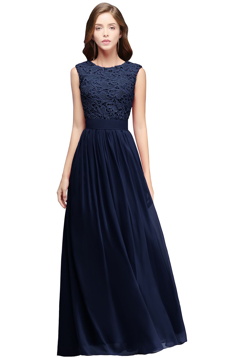 EMELY | Sheath Crew Sleeveless Floor-length Lace Top Chiffon Bridesmaid Dresses-newarrivaldress