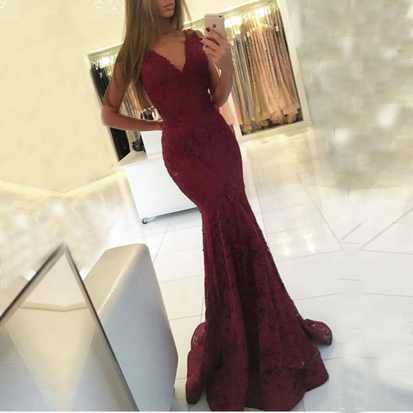 Mermaid Lace Sweep-Train Newest V-neck Sleeveless Prom Dress-newarrivaldress