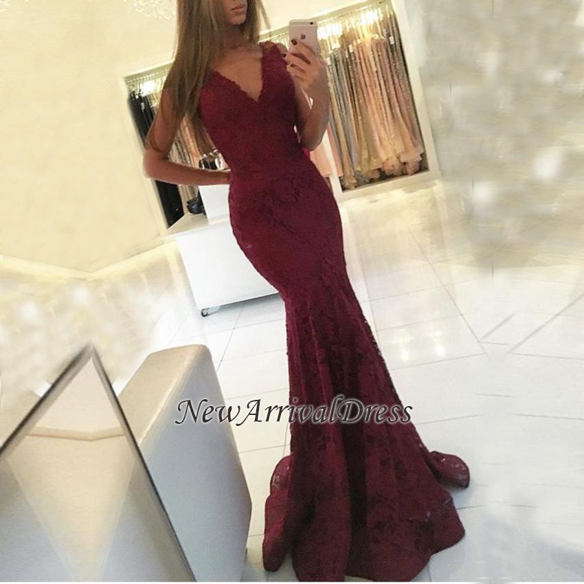 Mermaid Lace Sweep-Train Newest V-neck Sleeveless Prom Dress-newarrivaldress