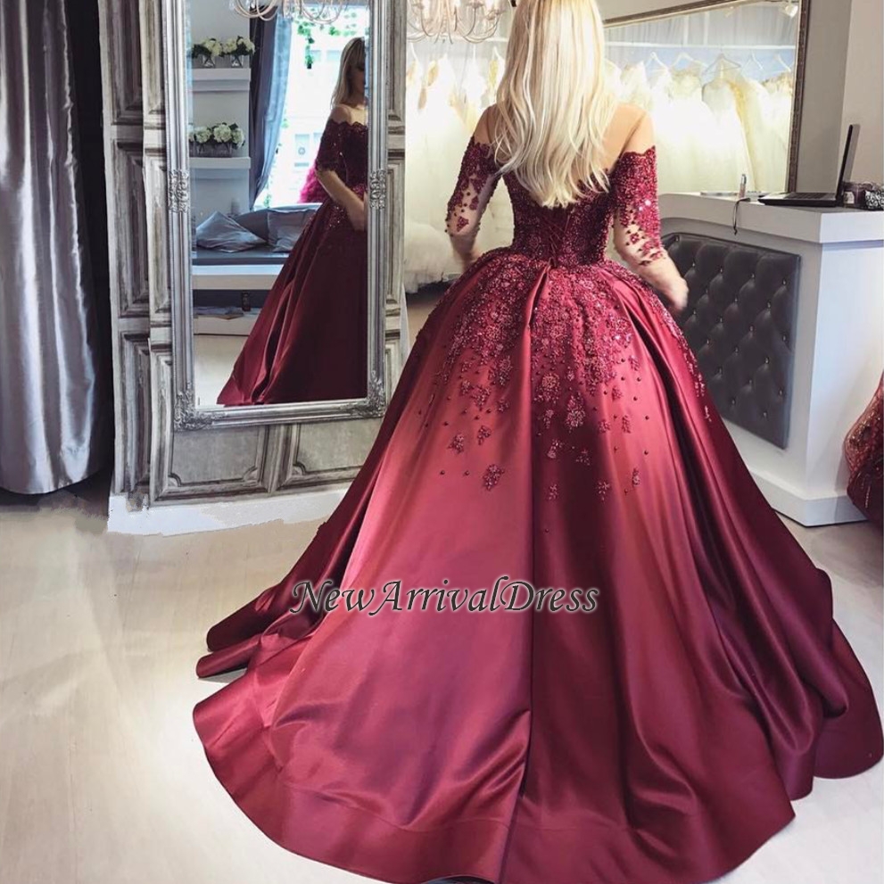 Appliques Long-Sleeves Burgundy Crystal Ball Off-the-Shoulder Prom Dresses-newarrivaldress